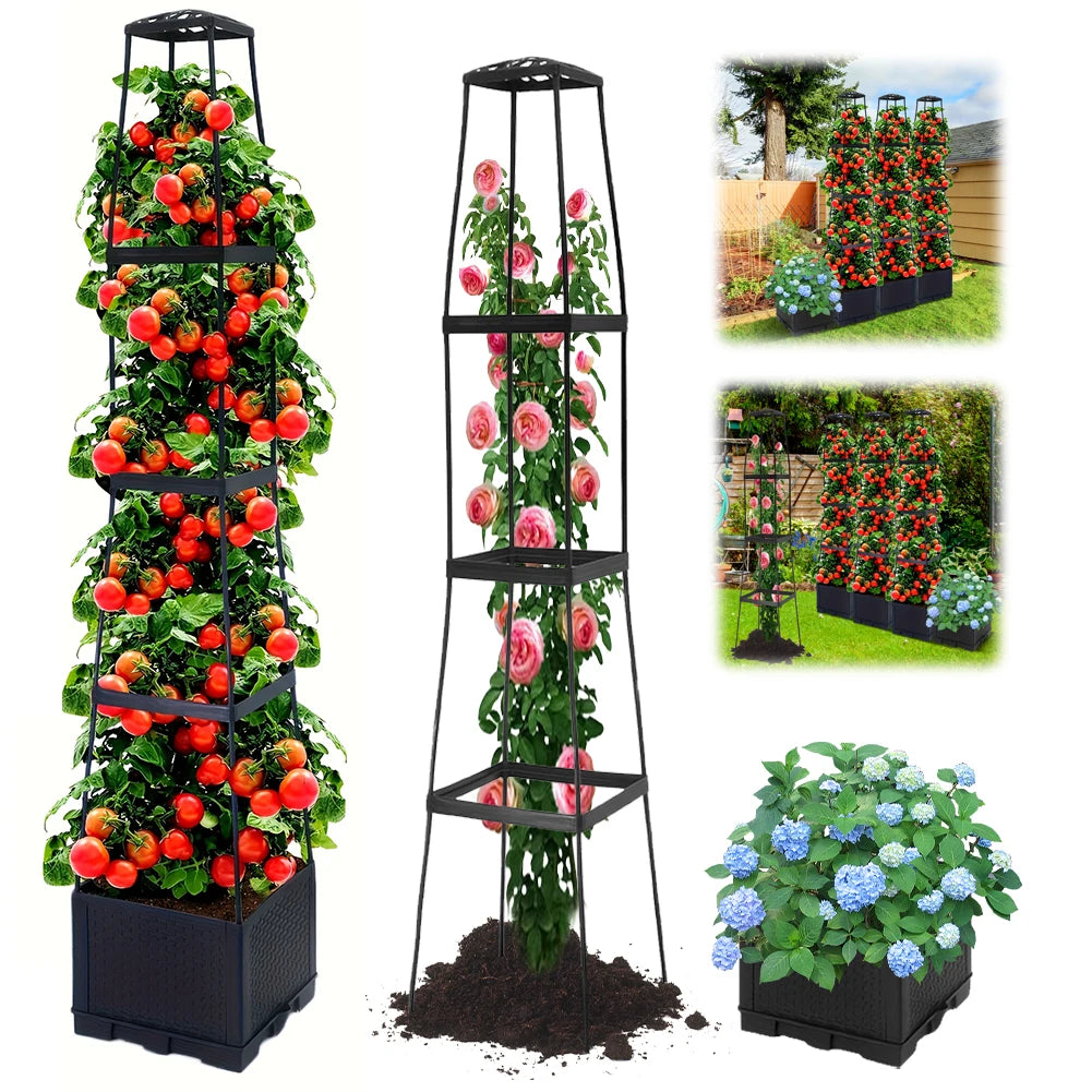 4 Tier Planter Stake Tower with Trellis Garden Planter Box Plant Pot Raised Garden Bed for Climbing Plant Vegetables Fruit Flowe