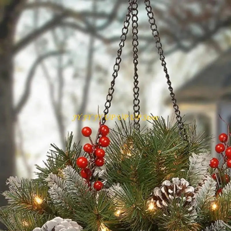 Pre-Lit Artificial Christmas Hanging Basket, Outdoor Decoration with Pine Red Berries Pinecones, Festive Hanging Planter with