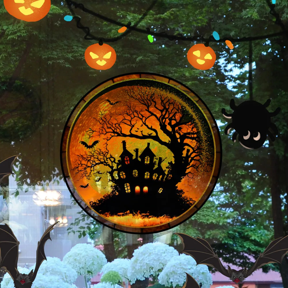 Halloween PVC Static Glass Stickers Scary Castle Cat Glass Stickers Non Adhesive Removable Party Home Decorations