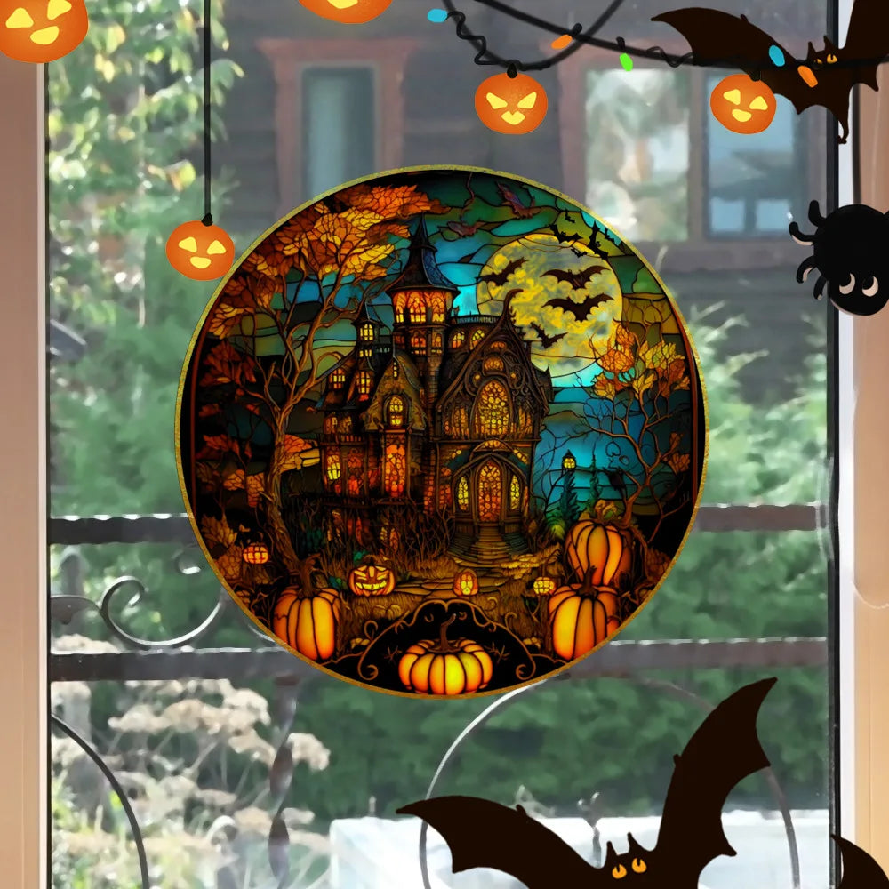 Halloween PVC Static Glass Stickers Scary Castle Cat Glass Stickers Non Adhesive Removable Party Home Decorations