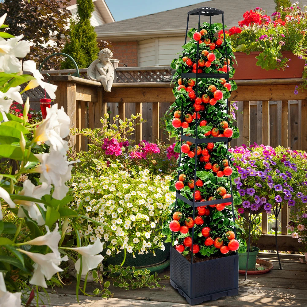 4 Tier Planter Stake Tower with Trellis Garden Planter Box Plant Pot Raised Garden Bed for Climbing Plant Vegetables Fruit Flowe
