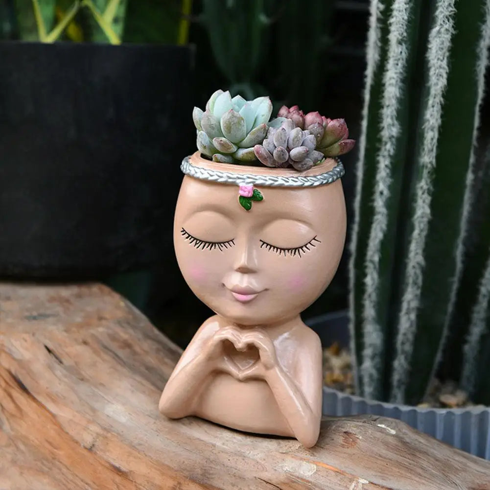 Creativity Flower Pot Resin Girl Face Planter With Drainage Hole Cute Unique Desktop Succulent Planter For Indoor Outdoor Decor