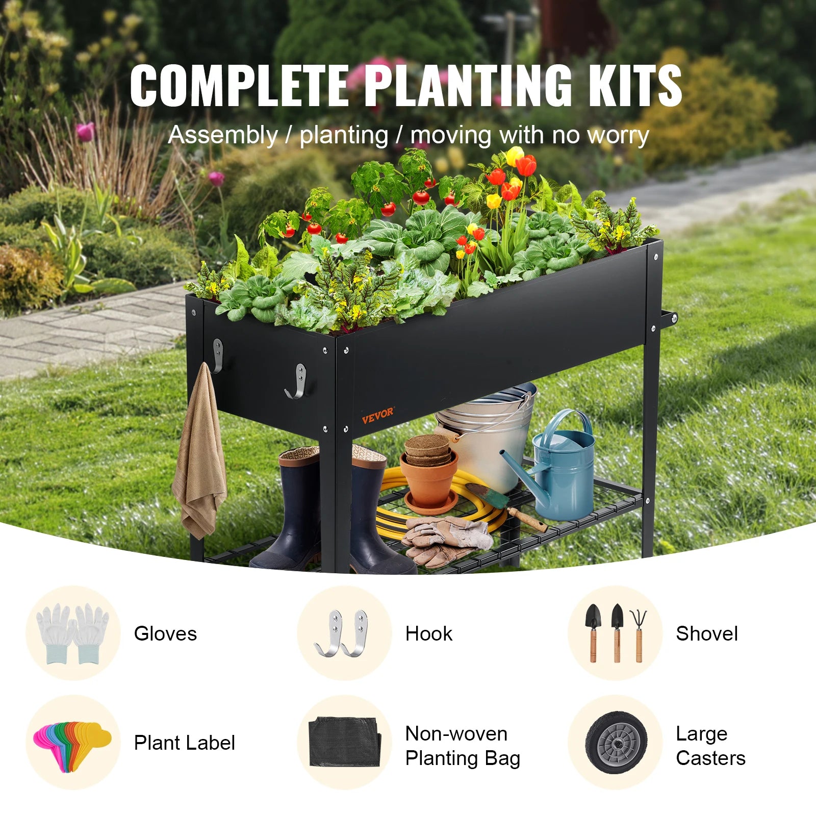 VEVOR Raised Garden Bed, 42.5 x 19.5 x 31.5 inch Galvanized Metal Planter Box, Elevated Outdoor Planting Boxes with Legs, Black