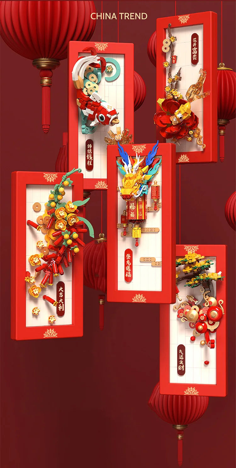 Creative China New Year Building Block Home Furnishings Assemble Brick Dragon Koi Carp Maroon Orange Educational Toys For Gifts