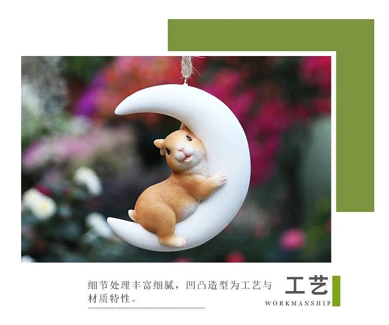 Resin Handicraft Ornaments Cartoon Pendant Garden Courtyard Hanging Decoration Moon Rabbit Home Furnishing