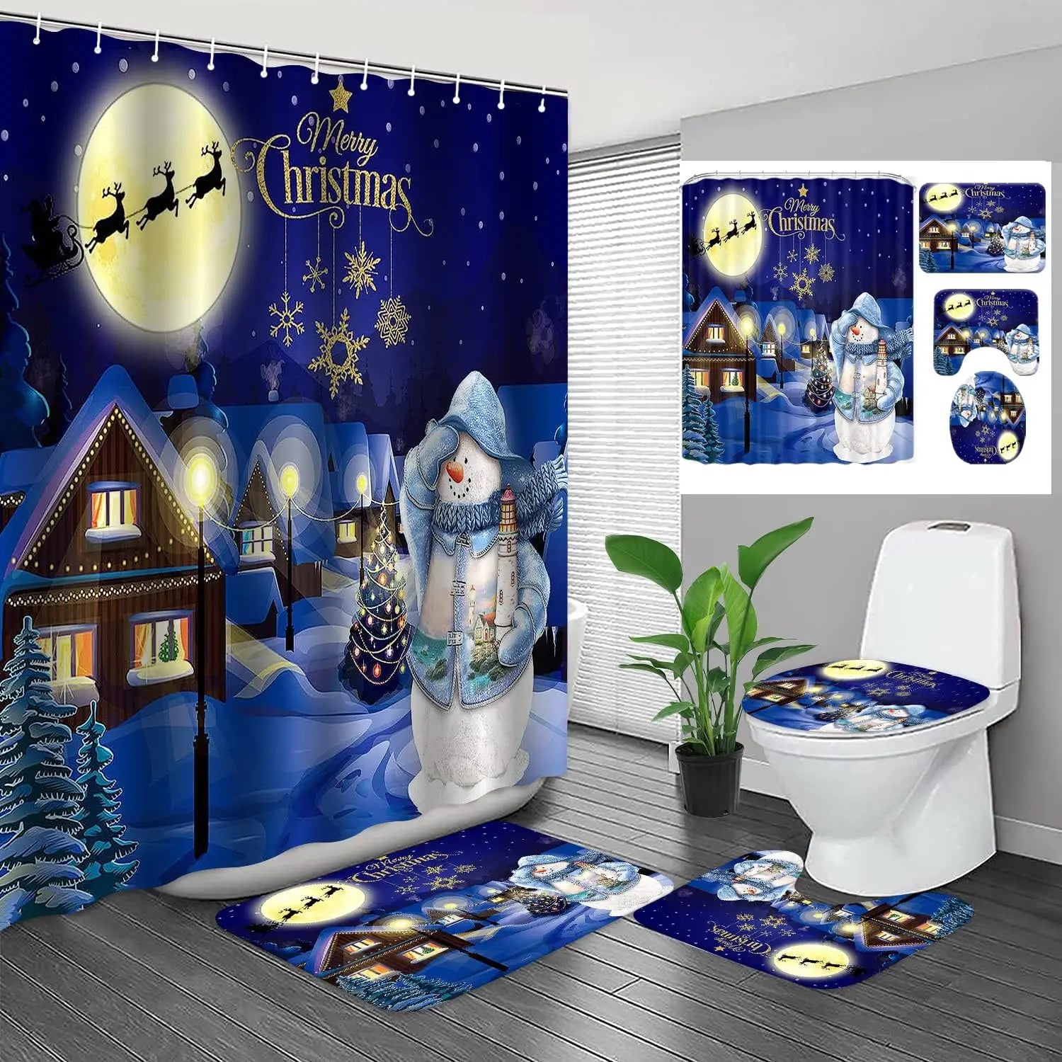 Christmas SnowmanprintingLinenShowerCurtainWaterproofBathCurtainsForBathroomBathtubLargeBathingCoverwithHooks