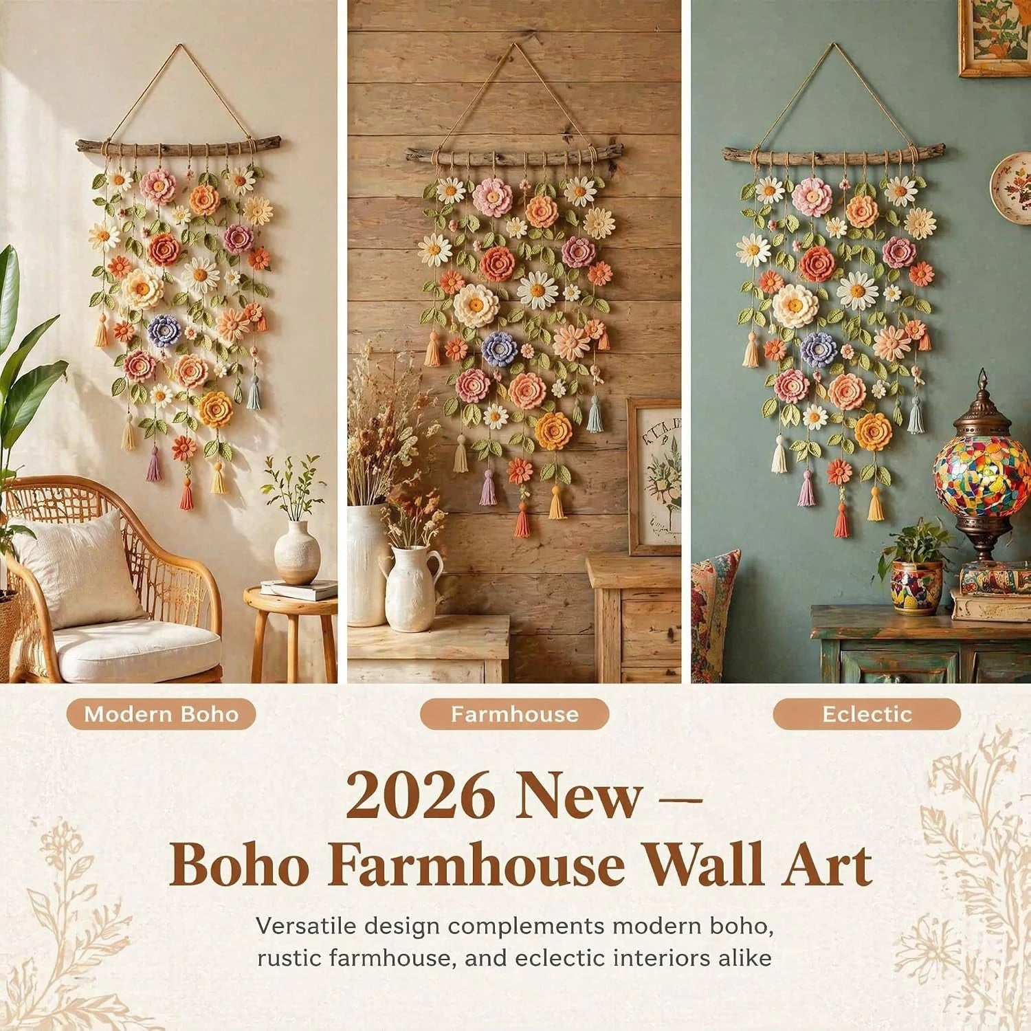 Boho Handmade Cotton Floral Crochet Macrame Hanging Decoration for Wall Indoors Or Porch Natural Linen Look Mellow Ambiance