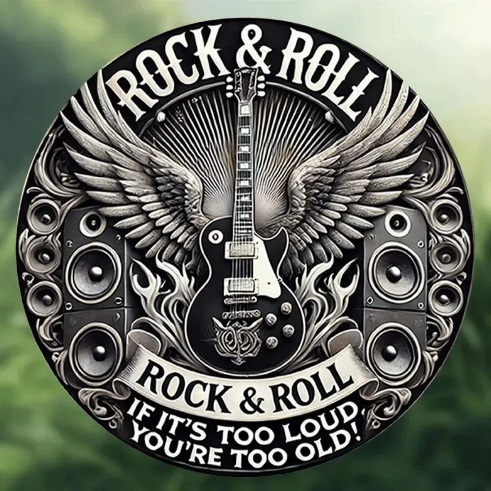 Round 2D Flat Vintage Metal Sign - Rock & Roll Guitar Band Design in Black with Wings Headphones - Perfect for Home Bar Cafe