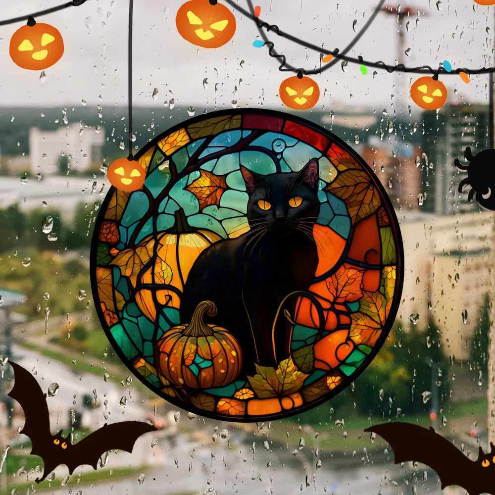Halloween PVC Static Glass Stickers Scary Castle Cat Glass Stickers Non Adhesive Removable Party Home Decorations