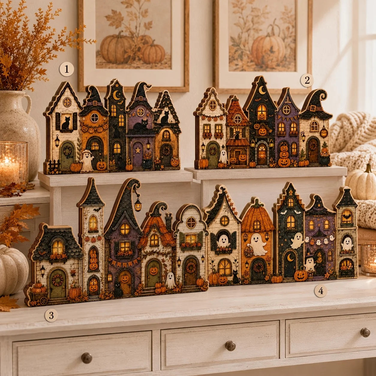 Multi layer retro wooden village sign - suitable for Halloween, Christmas, Easter desktop decoration, including pumpkin house