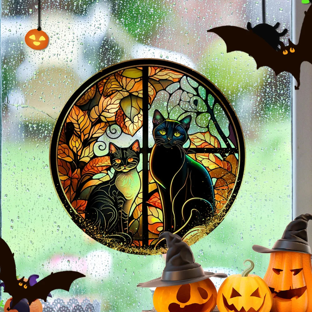 Halloween PVC Static Glass Stickers Scary Castle Cat Glass Stickers Non Adhesive Removable Party Home Decorations