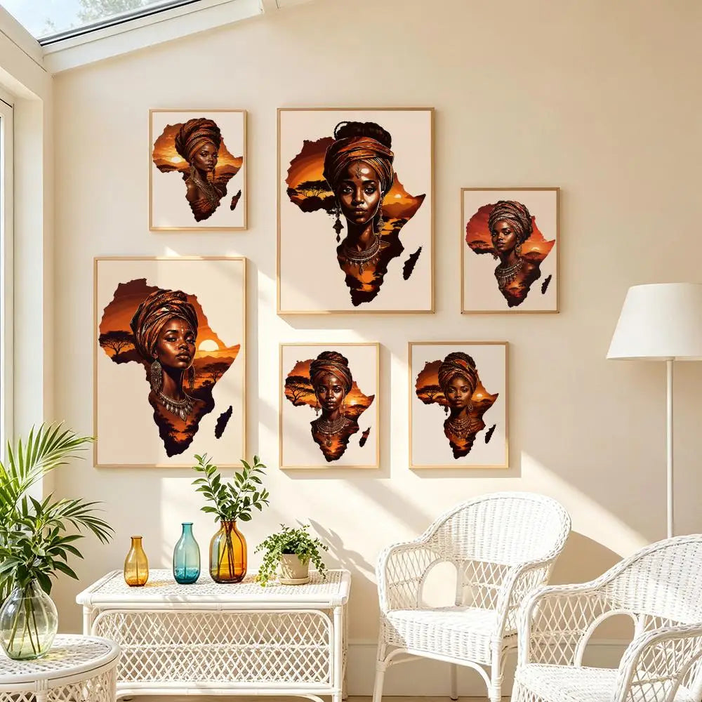 African Woman Map Silhouette Print Poster Modern and Elegant Wall Stickers for Home Decor Living Room Dormitory Wall Art