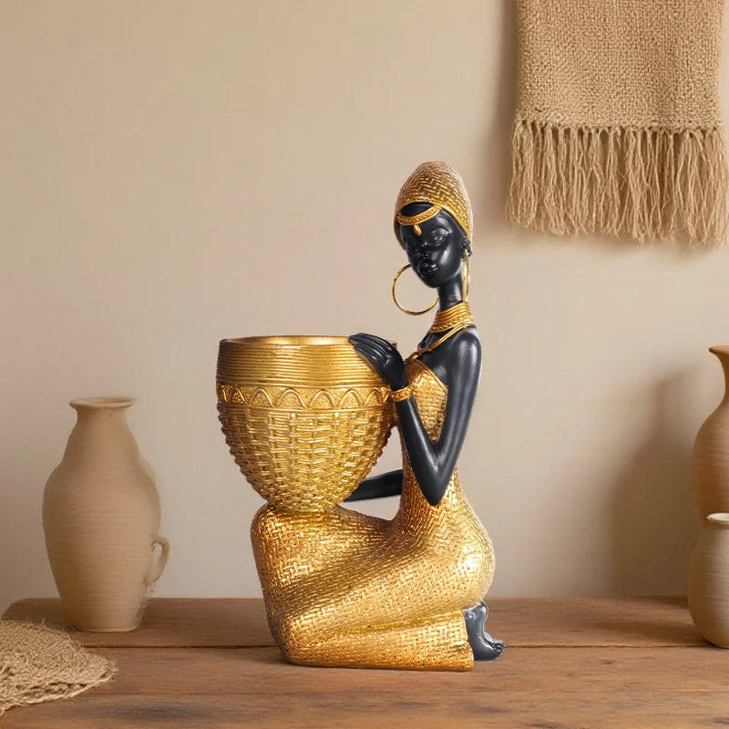 African Girl Holding a Plate Sculpture, Home and Office Decorative Storage Ornament, Vintage Collectible Craft Deskt Decor