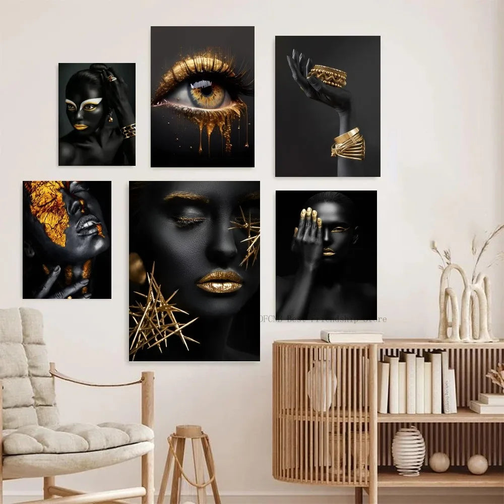 1PC Modern Black Gold African Woman Portrait Poster Paper Print Home Living Room Bedroom Entrance Bar Restaurant Cafe Art