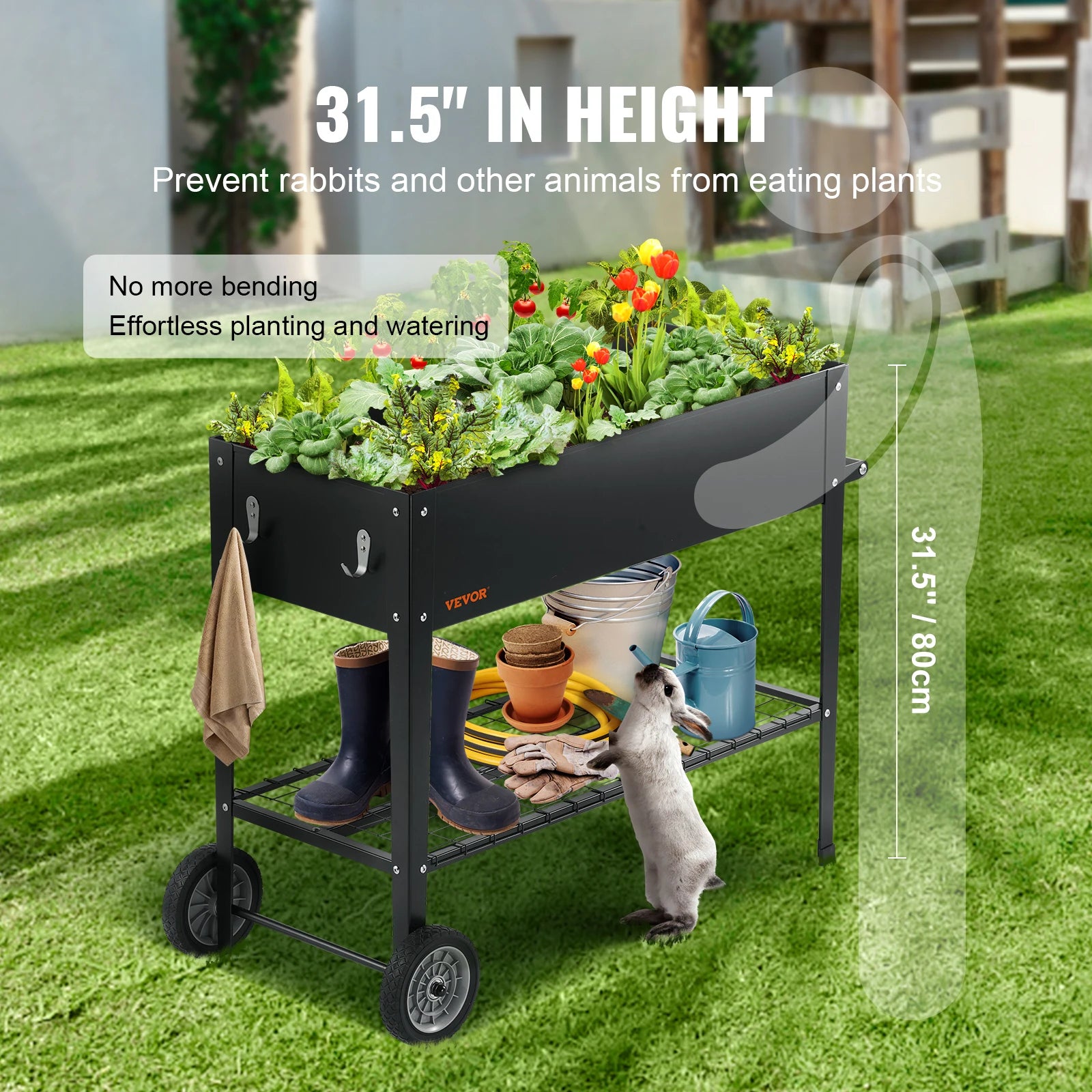 VEVOR Raised Garden Bed, 42.5 x 19.5 x 31.5 inch Galvanized Metal Planter Box, Elevated Outdoor Planting Boxes with Legs, Black