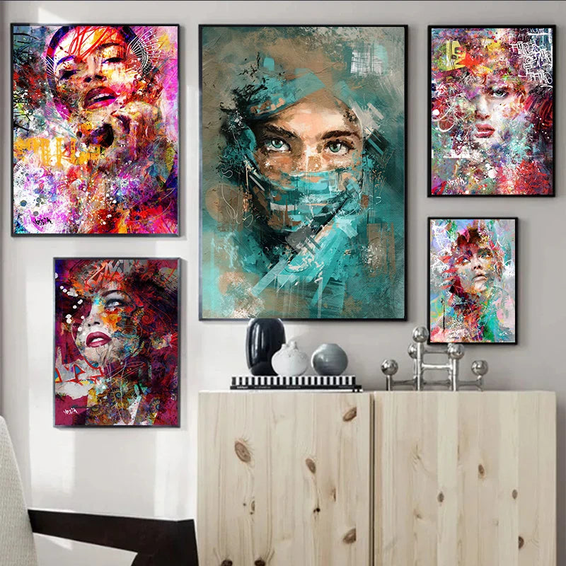 Modern Abstract Woman Face Wall Art Canvas Painting Graffiti Posters and Prints Girl Portrait Street Pop Art Pictures Home Decor