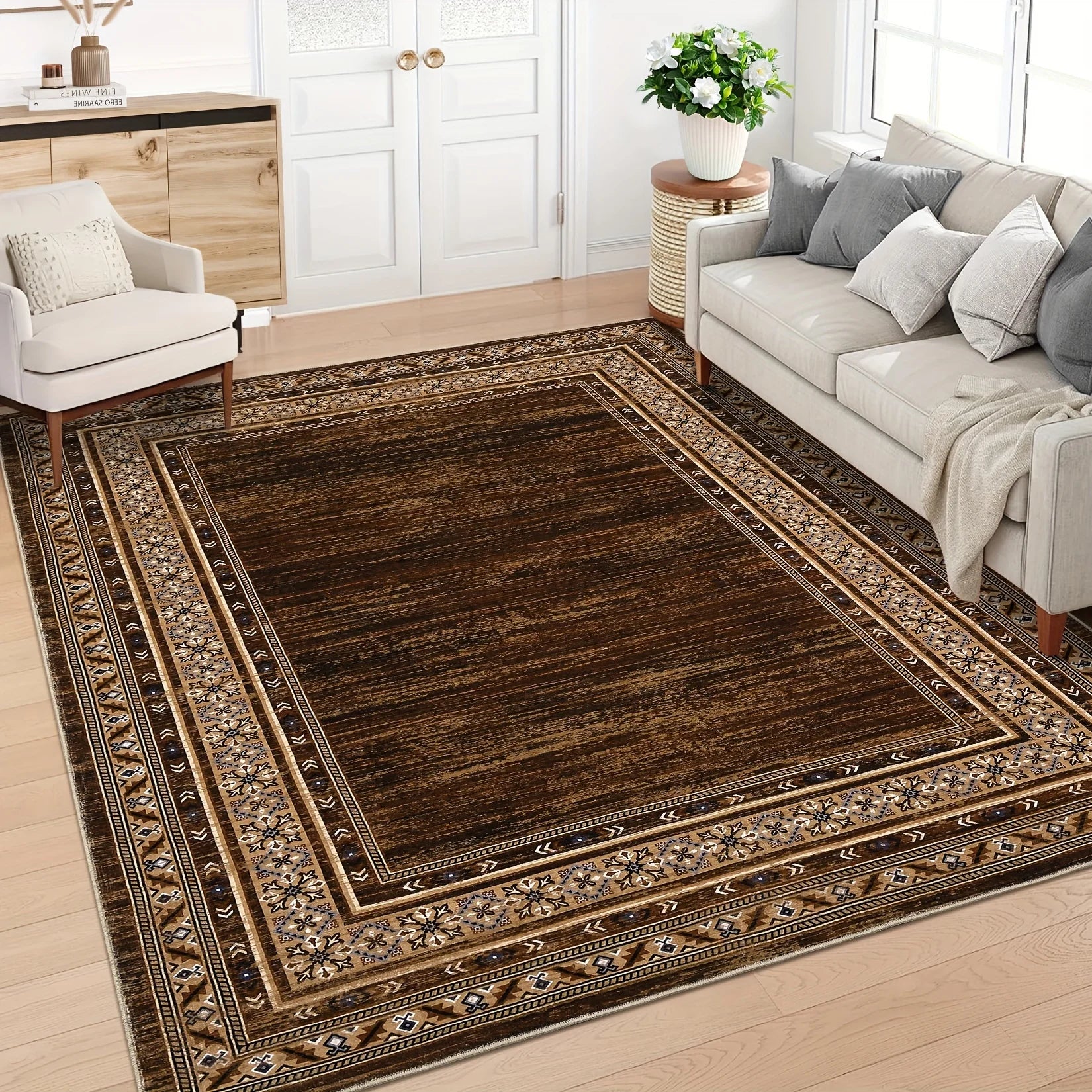 Black Luxury Chenille Mat Bohemian Floral Persian Mat Machine Washable Living Room Bedroom Entryway Black Boho Floor Mats (2)