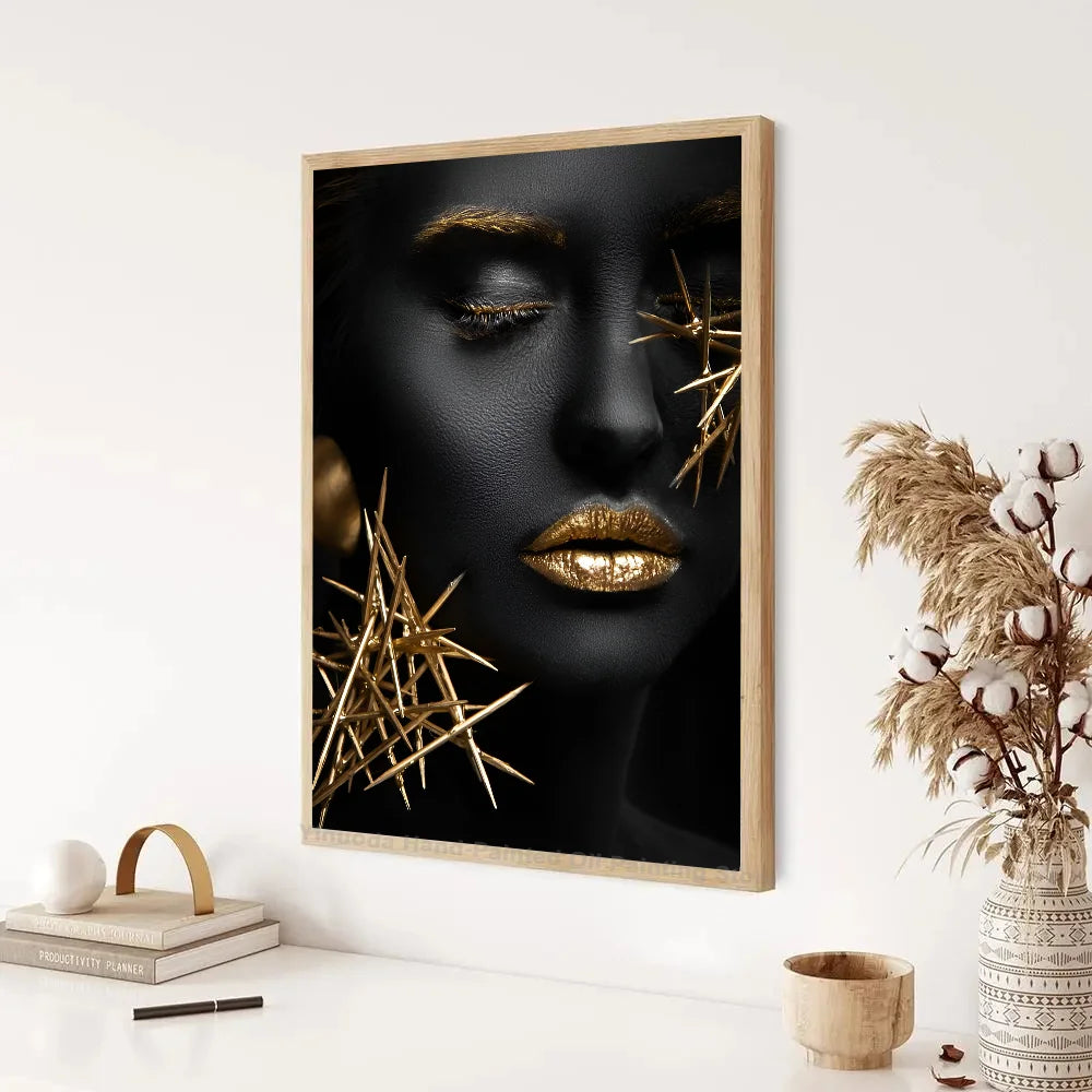 1PC Modern Black Gold African Woman Portrait Poster Paper Print Home Living Room Bedroom Entrance Bar Restaurant Cafe Art