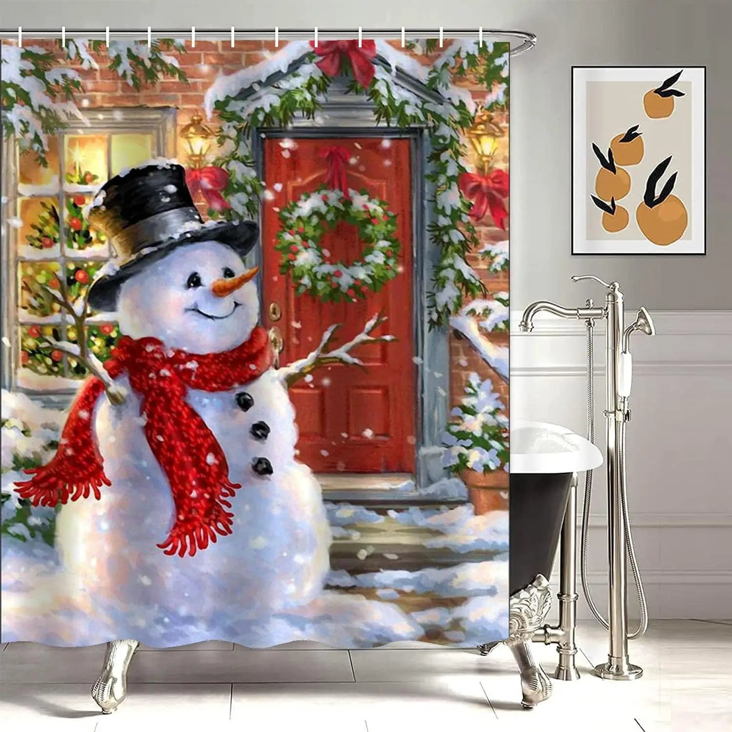 Christmas SnowmanprintingLinenShowerCurtainWaterproofBathCurtainsForBathroomBathtubLargeBathingCoverwithHooks