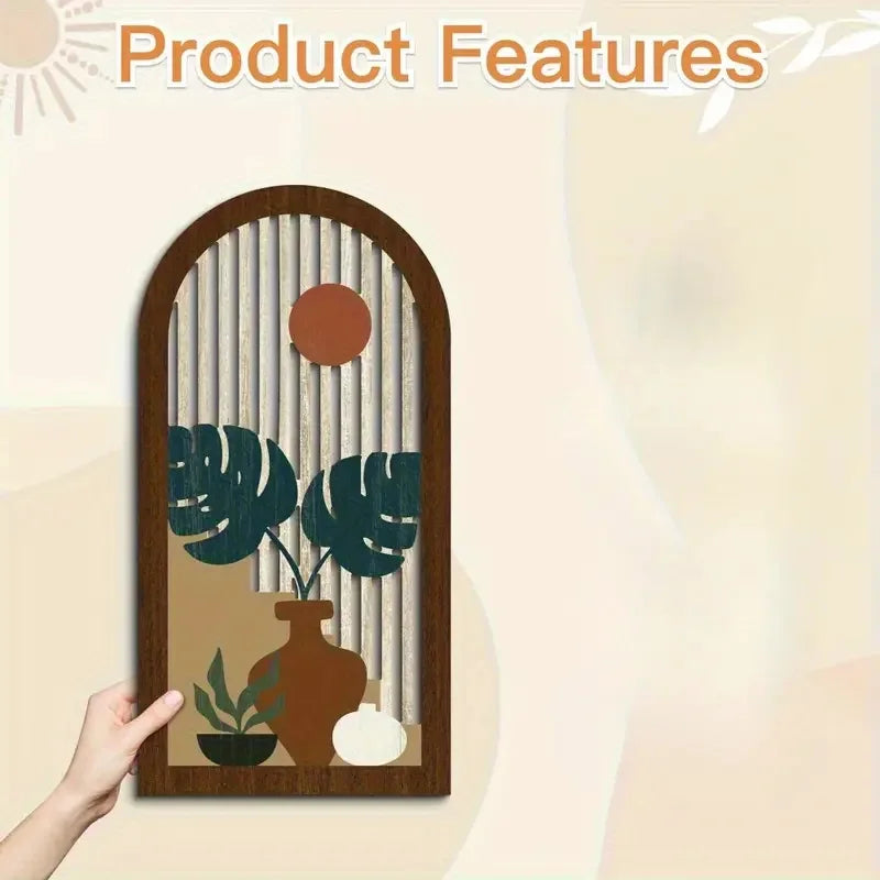 3pcs Wooden Wall Art Boho Modern Decor Hollow Crafted with Vases Plants & Banana Leaves for Home Office