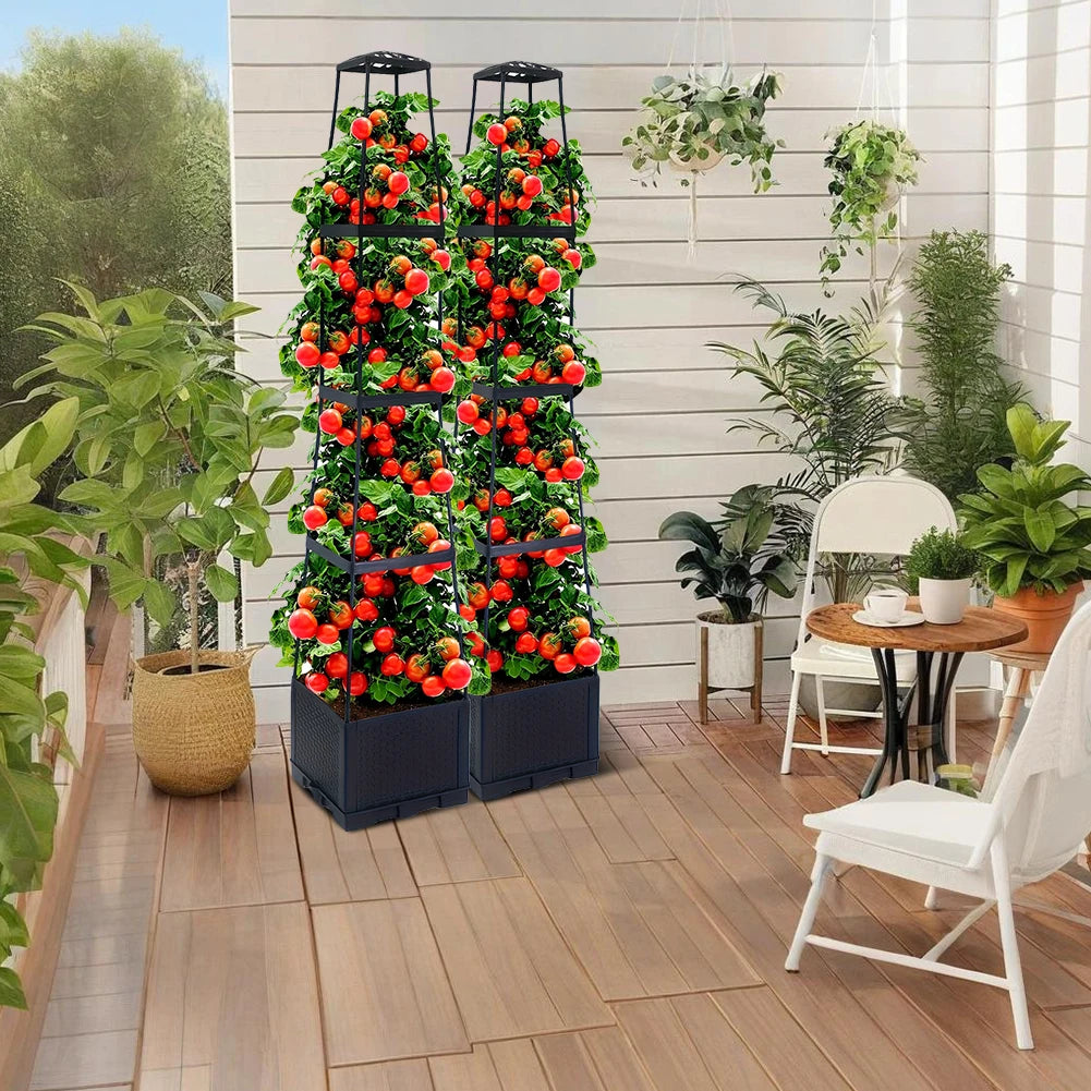 4 Tier Planter Stake Tower with Trellis Garden Planter Box Plant Pot Raised Garden Bed for Climbing Plant Vegetables Fruit Flowe