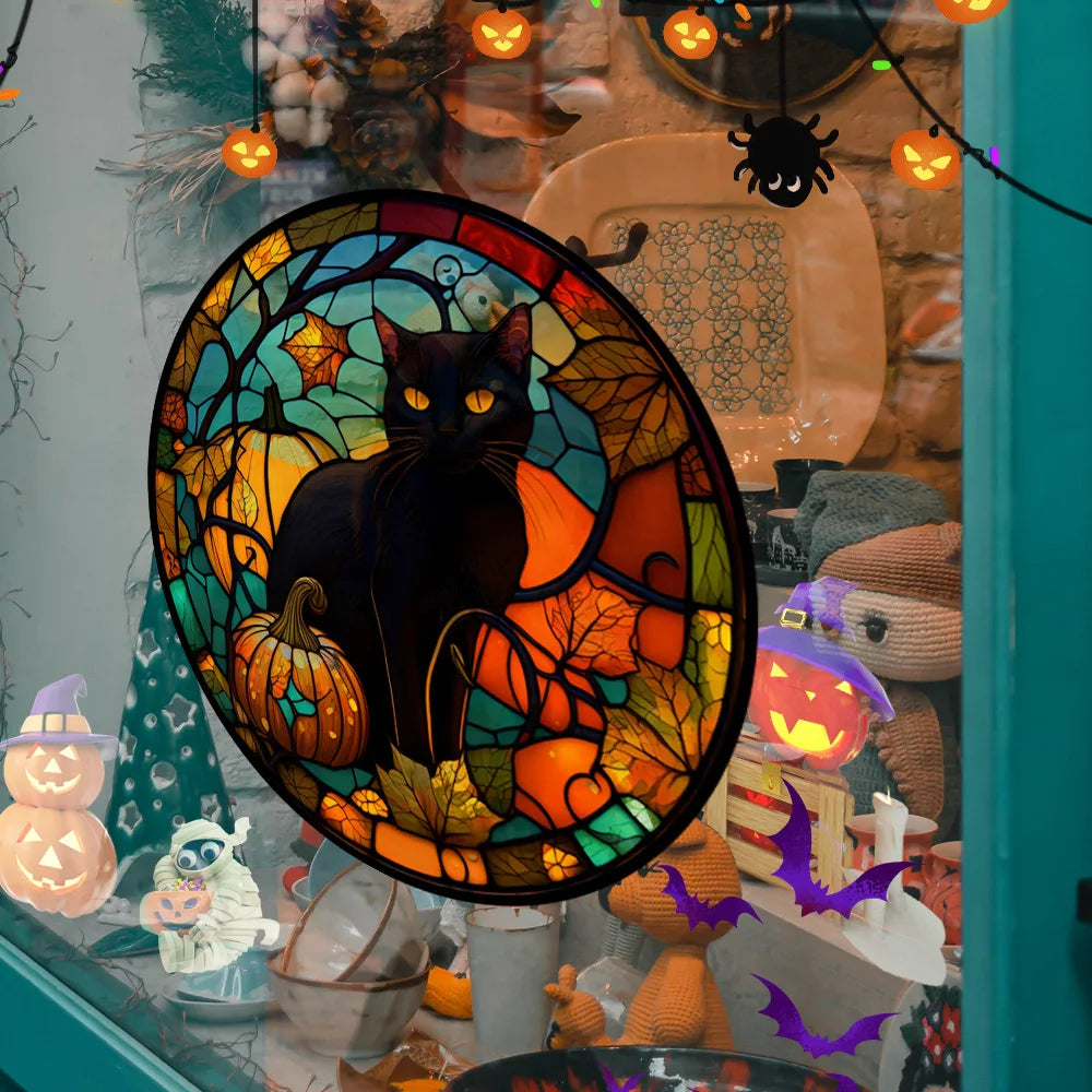 Halloween PVC Static Glass Stickers Scary Castle Cat Glass Stickers Non Adhesive Removable Party Home Decorations