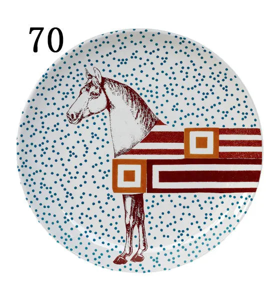 Eastern Horse Decorative Plate Plant Bird Parrot Illustration Dish Round Ceramic Tray for Home Decoration Luxury Porcelain Craft