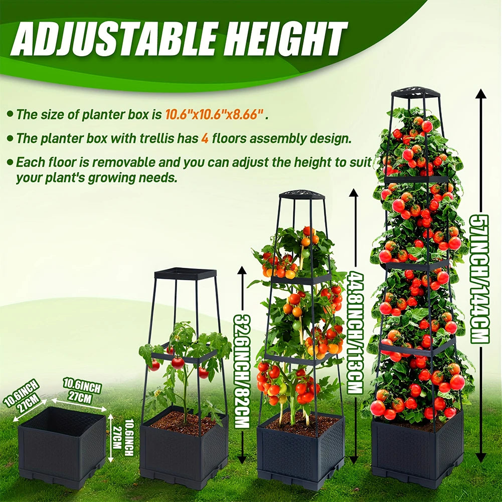 4 Tier Planter Stake Tower with Trellis Garden Planter Box Plant Pot Raised Garden Bed for Climbing Plant Vegetables Fruit Flowe