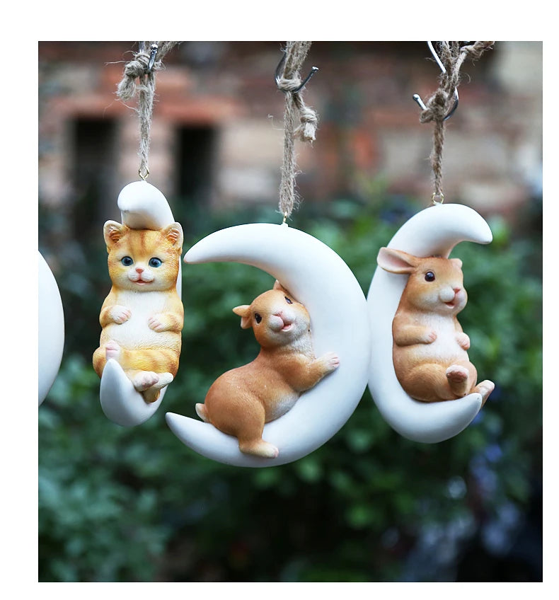 Resin Handicraft Ornaments Cartoon Pendant Garden Courtyard Hanging Decoration Moon Rabbit Home Furnishing