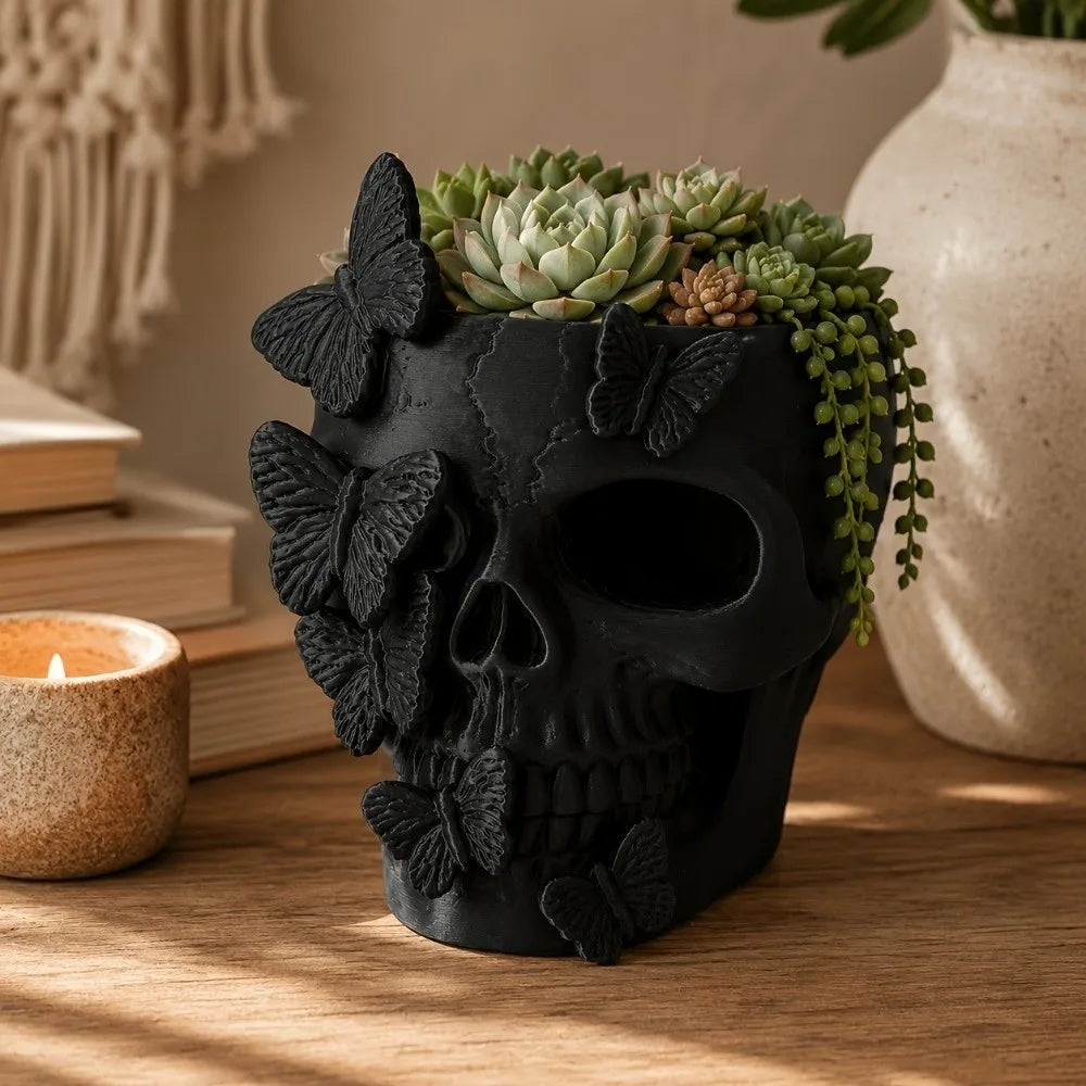 Gothic Butterfly Skeleton Statue Funny Home Decorations Flower Pot Vase Large Capacity Halloween Skull Ornaments Home