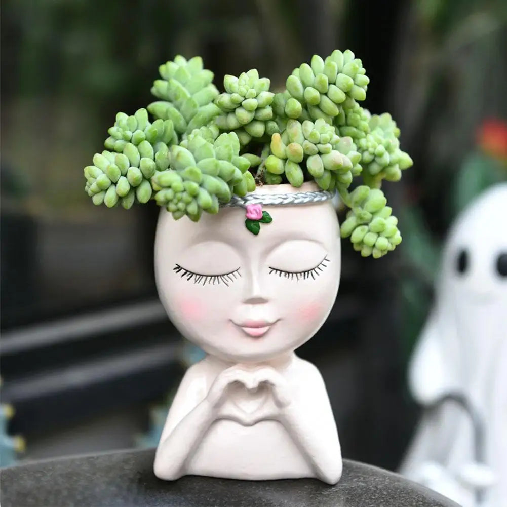 Creativity Flower Pot Resin Girl Face Planter With Drainage Hole Cute Unique Desktop Succulent Planter For Indoor Outdoor Decor