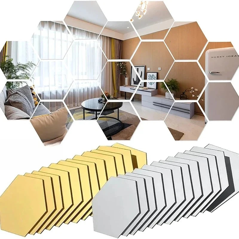 Hexagon Acrylic Mirror Wall Sticker Acrylic Adhesive Gold Silver Mosaic Tiles Removable DIY Bedroom Bathroom (5pcs)
