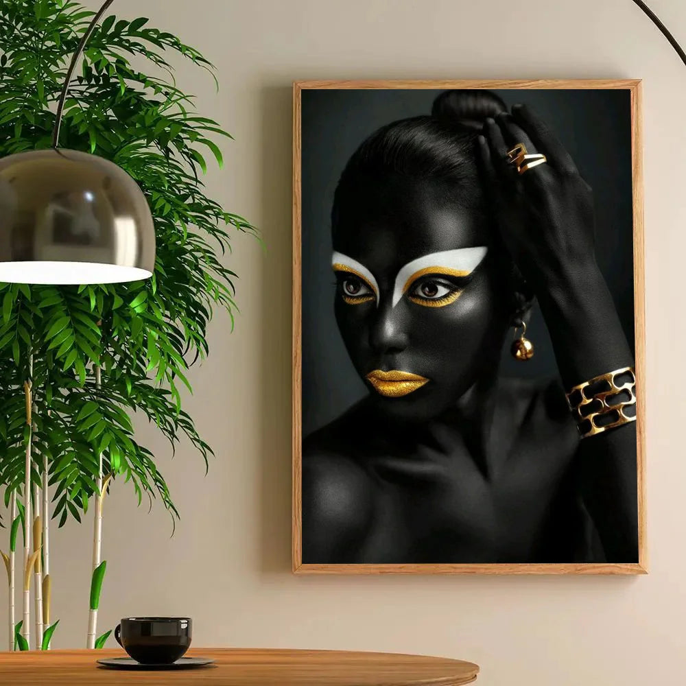 1PC Modern Black Gold African Woman Portrait Poster Paper Print Home Living Room Bedroom Entrance Bar Restaurant Cafe Art