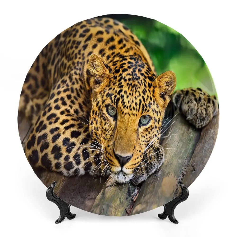 Leopard Print Porcelain Plate, African Pattern Print Ceramic Wall Hanging Decor Accessory for Dining Table Tabletop Home Decor