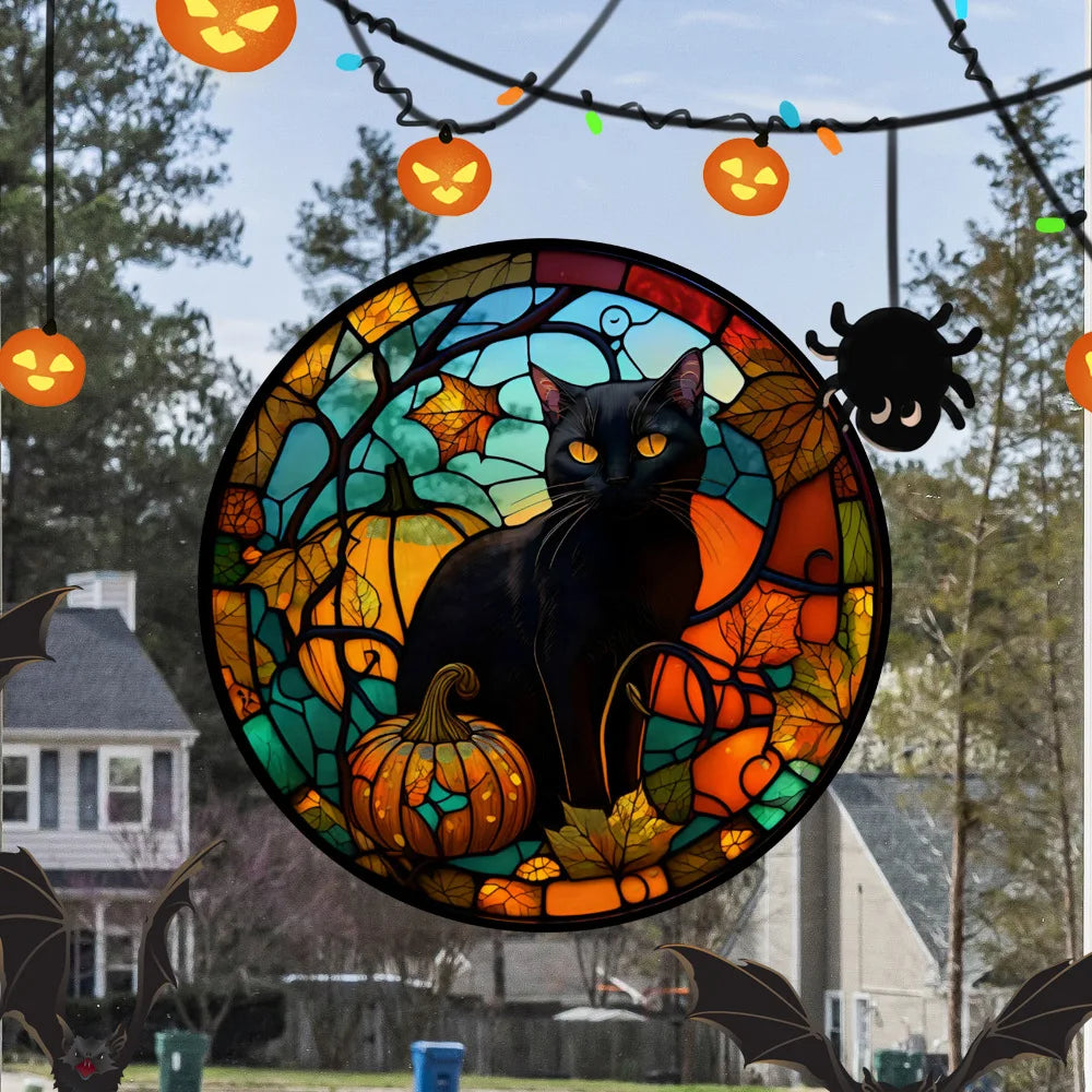 Halloween PVC Static Glass Stickers Scary Castle Cat Glass Stickers Non Adhesive Removable Party Home Decorations