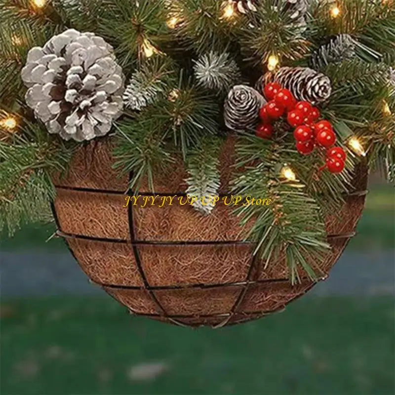 Pre-Lit Artificial Christmas Hanging Basket, Outdoor Decoration with Pine Red Berries Pinecones, Festive Hanging Planter with