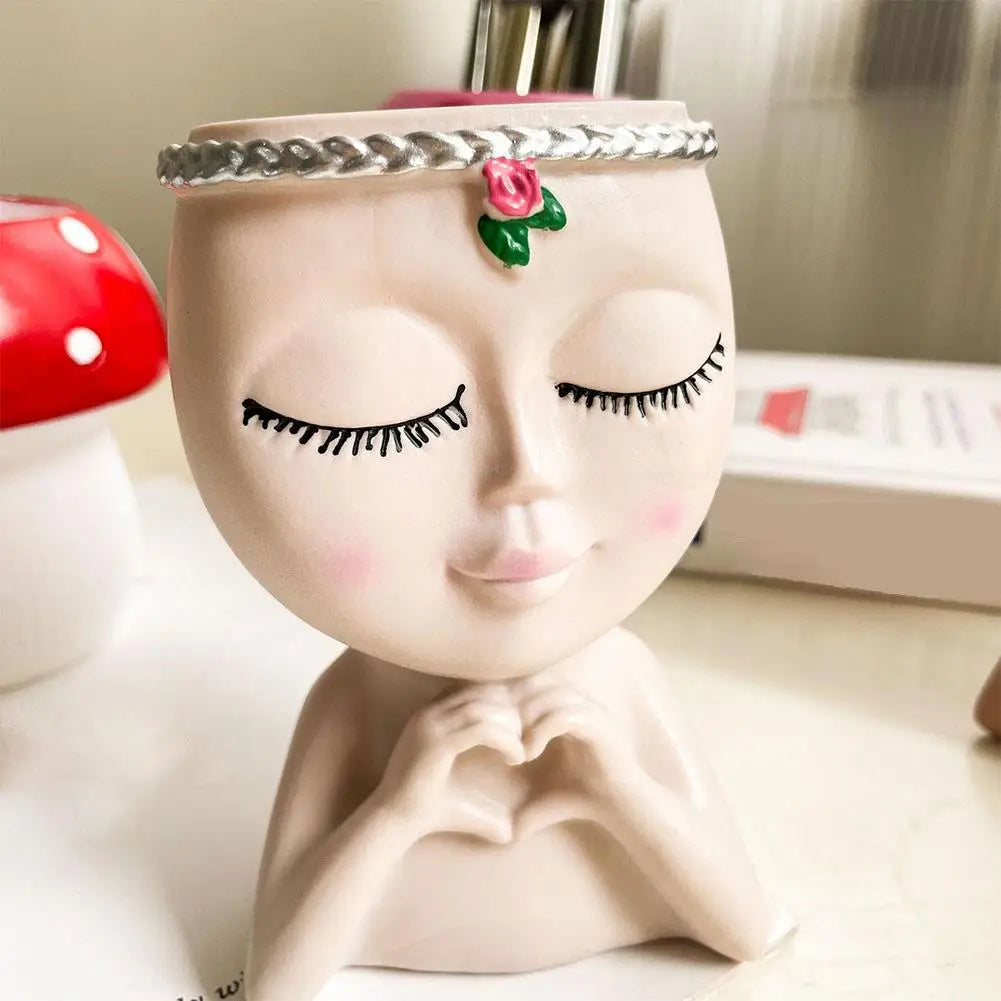 Creativity Flower Pot Resin Girl Face Planter With Drainage Hole Cute Unique Desktop Succulent Planter For Indoor Outdoor Decor