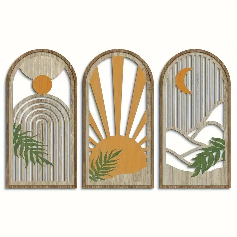 3pcs Wooden Wall Art Boho Modern Decor Hollow Crafted with Vases Plants & Banana Leaves for Home Office