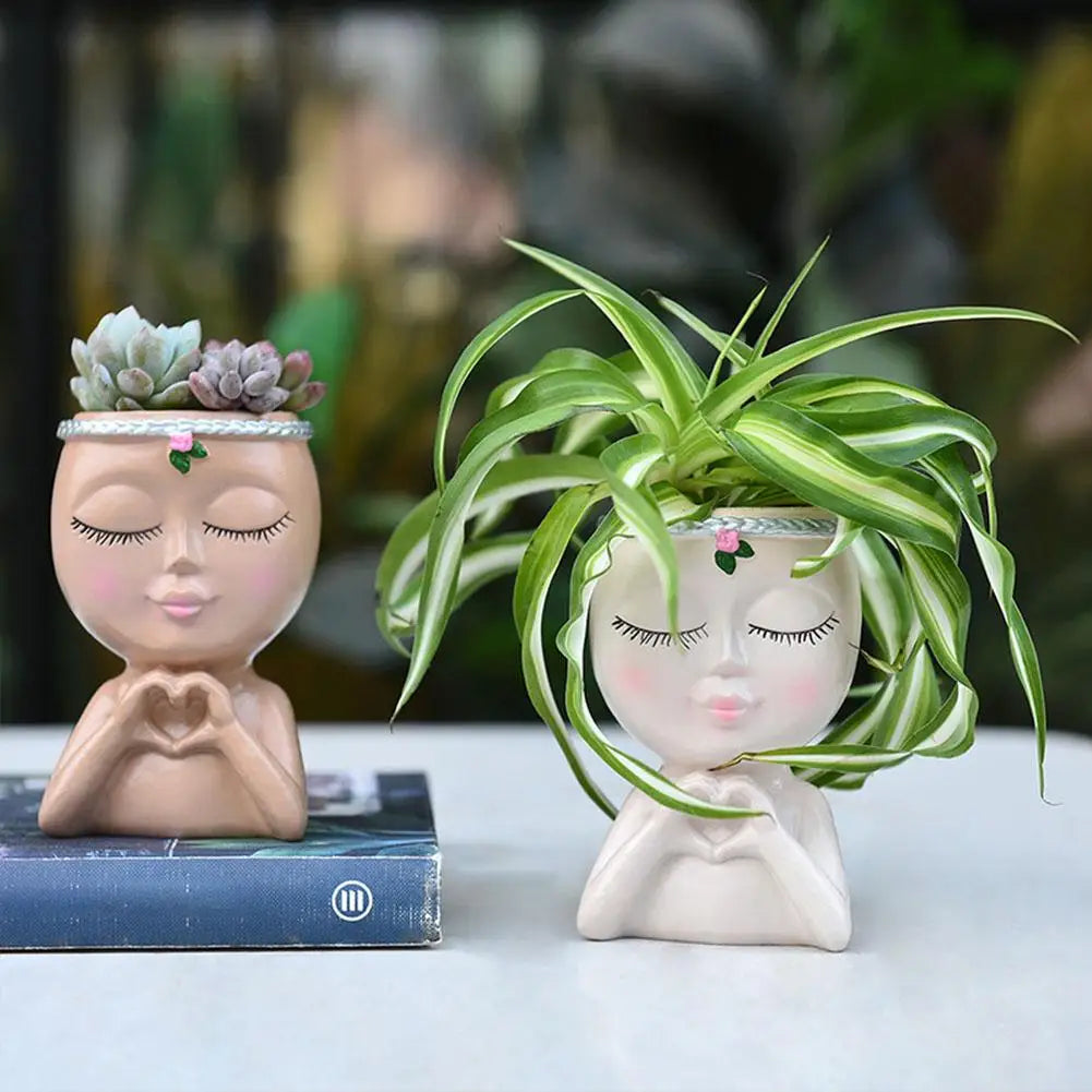 Creativity Flower Pot Resin Girl Face Planter With Drainage Hole Cute Unique Desktop Succulent Planter For Indoor Outdoor Decor