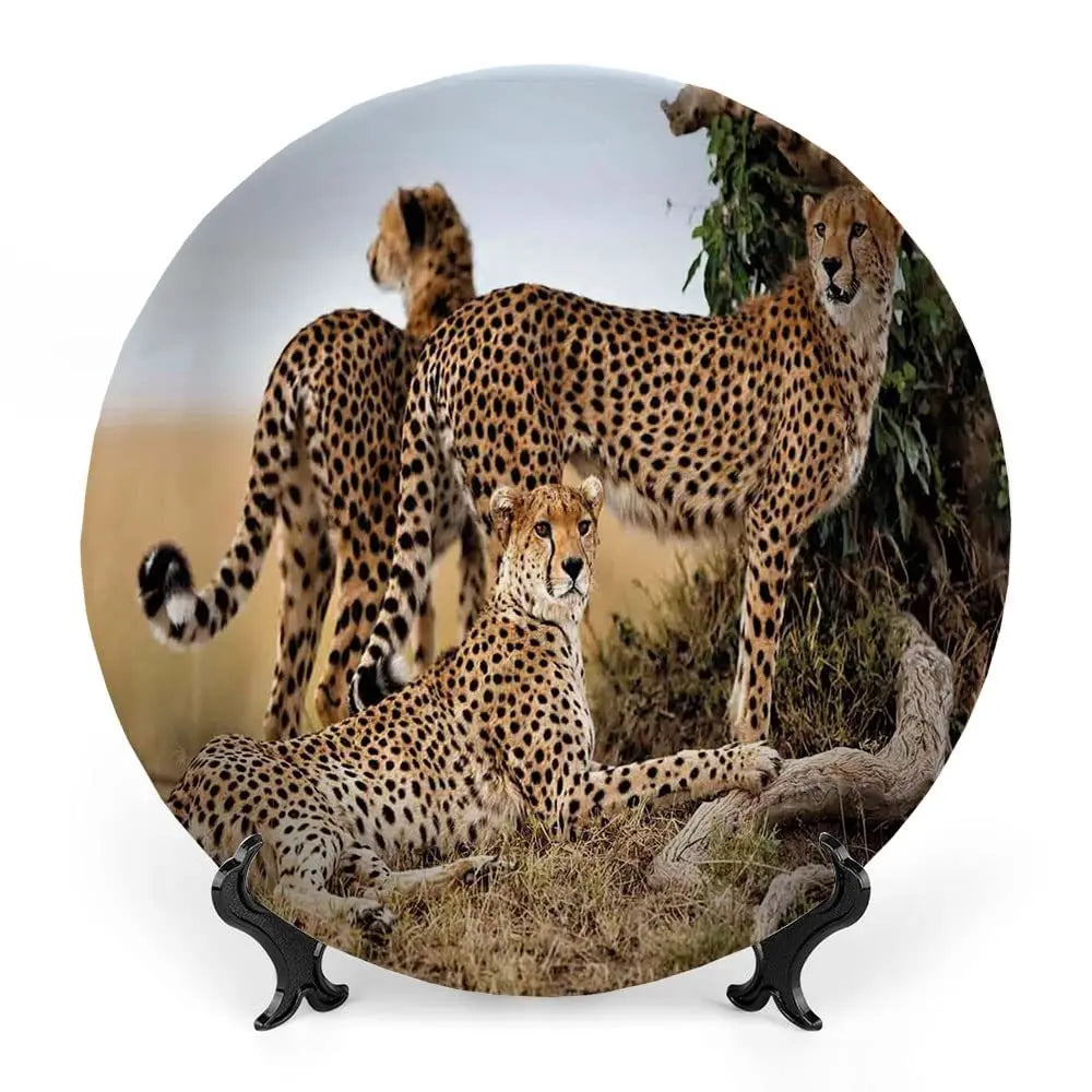 Leopard Print Porcelain Plate, African Pattern Print Ceramic Wall Hanging Decor Accessory for Dining Table Tabletop Home Decor