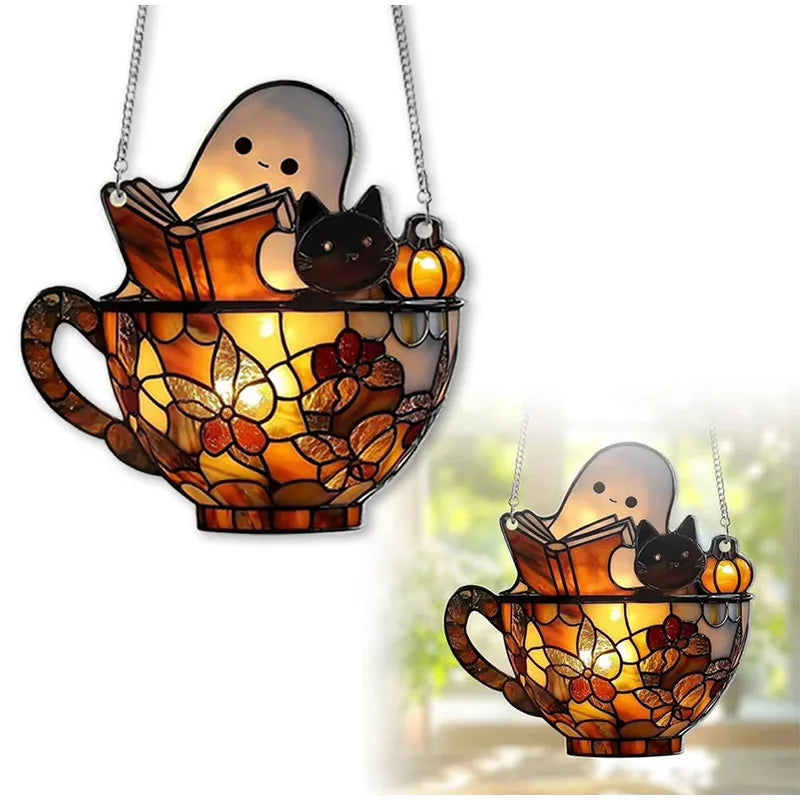 Halloween Ghost Reading Book Hanging Decor Acrylic Window Hanging Ornament Garden Decoration Props Halloween Party Decoration