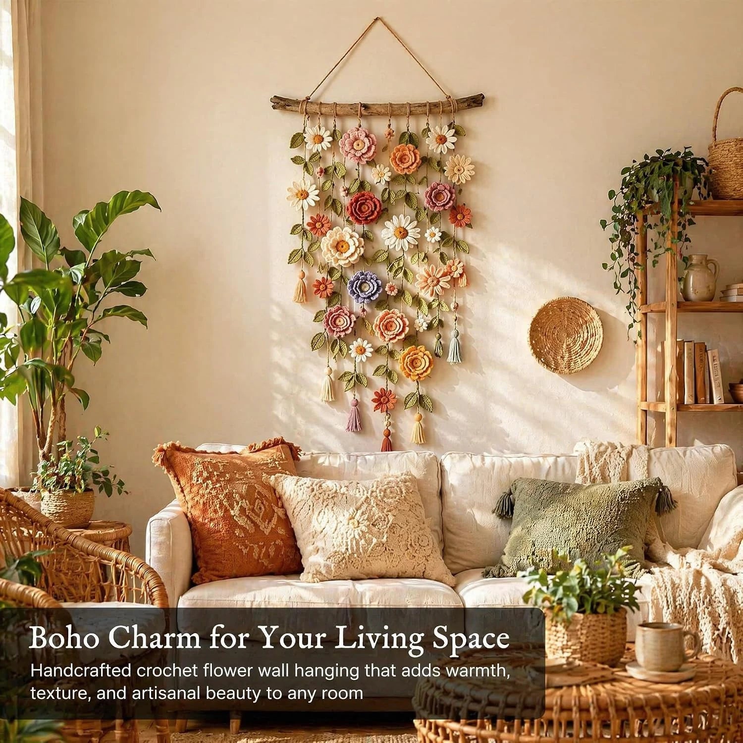 Boho Handmade Cotton Floral Crochet Macrame Hanging Decoration for Wall Indoors Or Porch Natural Linen Look Mellow Ambiance