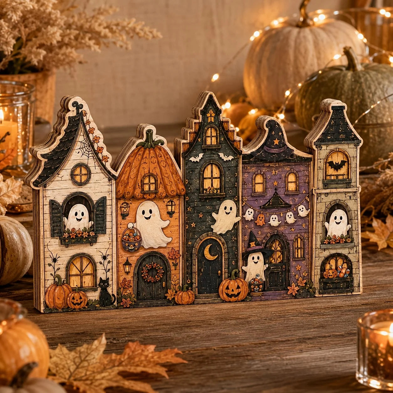 Multi layer retro wooden village sign - suitable for Halloween, Christmas, Easter desktop decoration, including pumpkin house