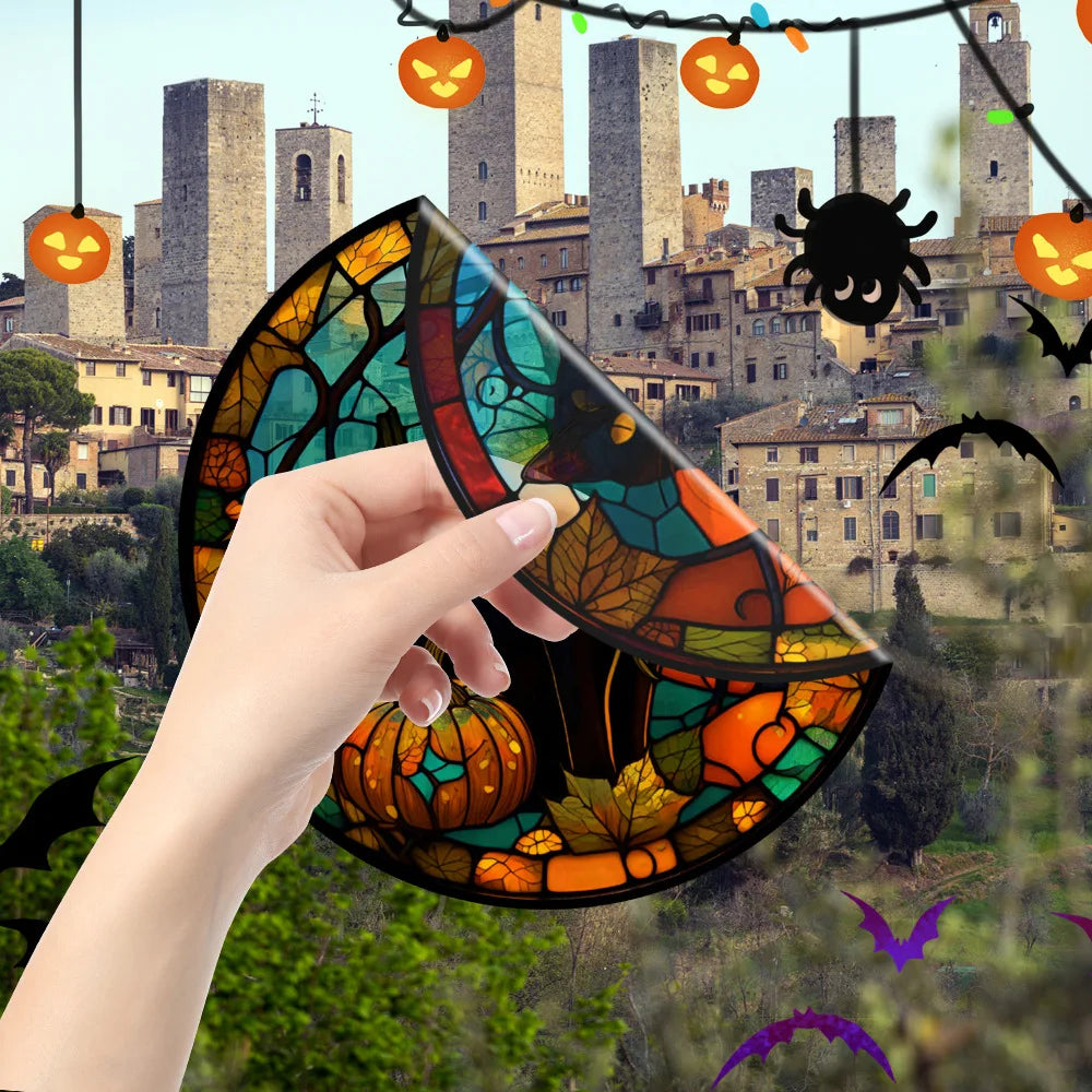 Halloween PVC Static Glass Stickers Scary Castle Cat Glass Stickers Non Adhesive Removable Party Home Decorations