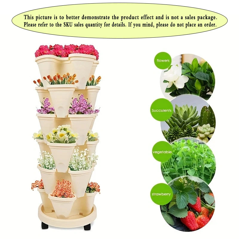 Vertical Planter Tower Garden, 3 Tiered Planter Stackable Herb Garden Planter with Movable Casters and Bottom Indoor and Outdoor