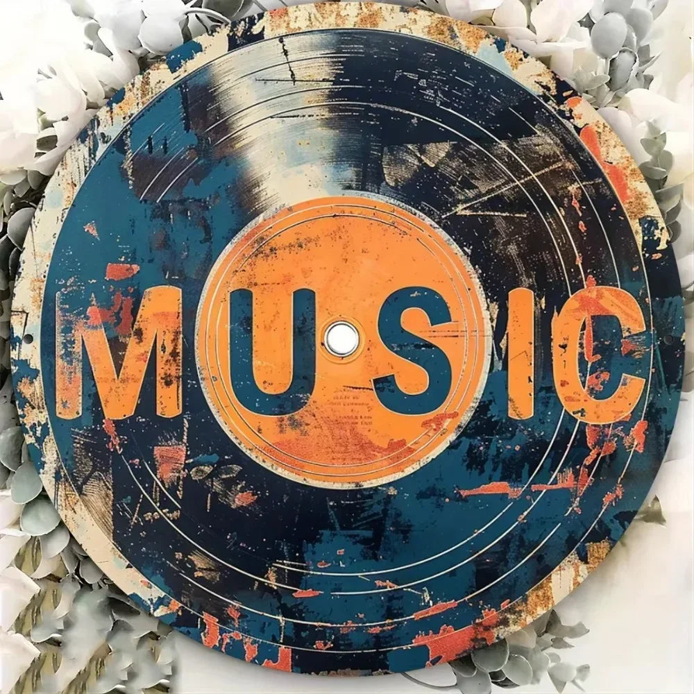 Round 2D Flat Vintage Metal Sign - Rock & Roll Guitar Band Design in Black with Wings Headphones - Perfect for Home Bar Cafe