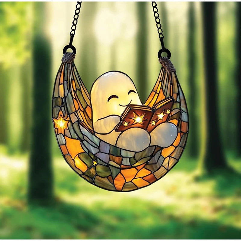Halloween Ghost Reading Book Hanging Decor Acrylic Window Hanging Ornament Garden Decoration Props Halloween Party Decoration