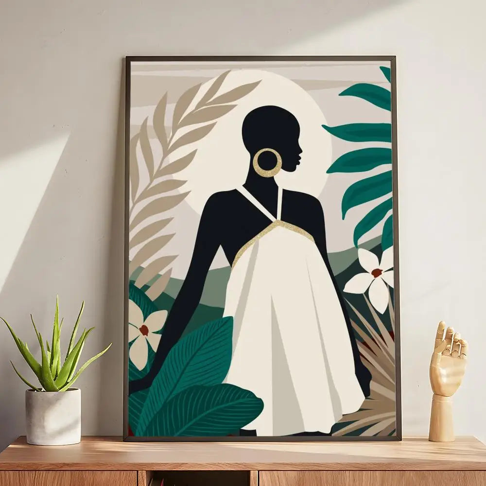 Abstract african woman flower leaves Poster Modern and Elegant Wall Stickers for Home Decor Living Room Dormitory Wall Art