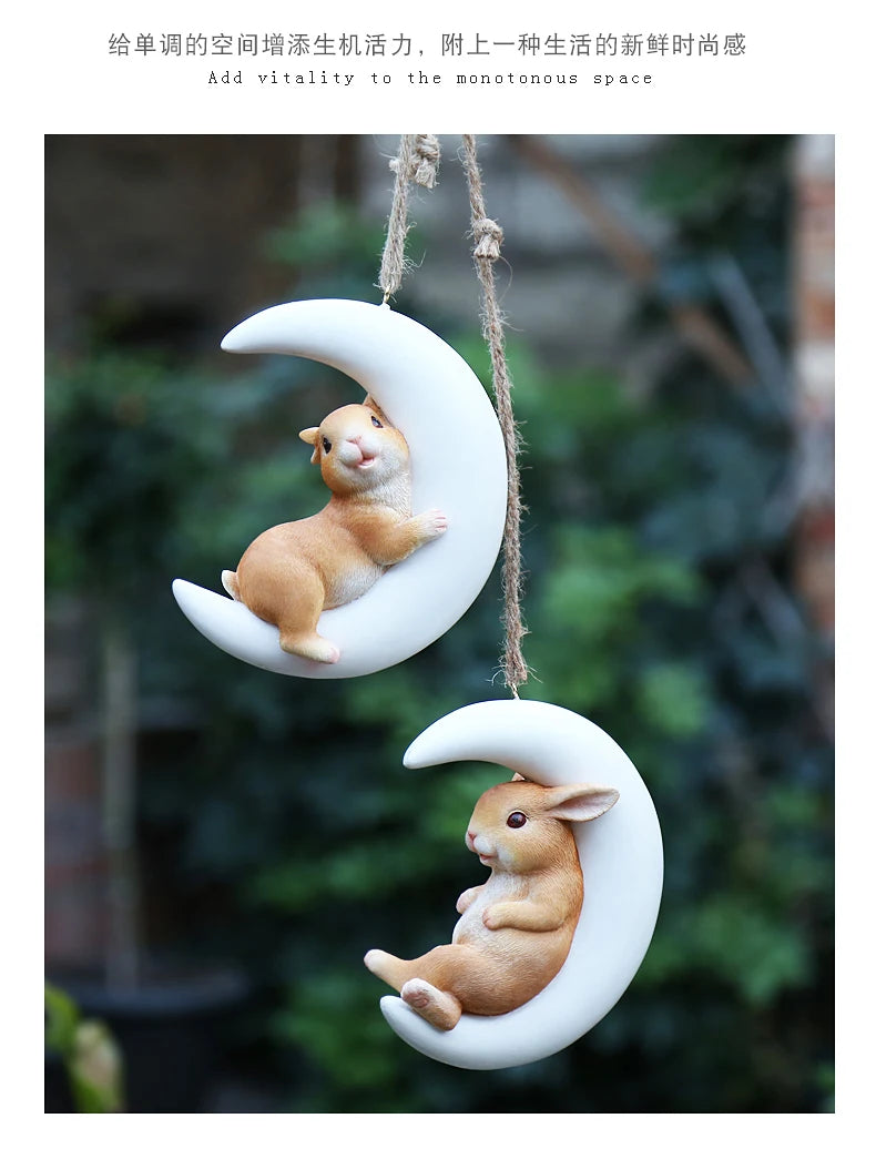 Resin Handicraft Ornaments Cartoon Pendant Garden Courtyard Hanging Decoration Moon Rabbit Home Furnishing
