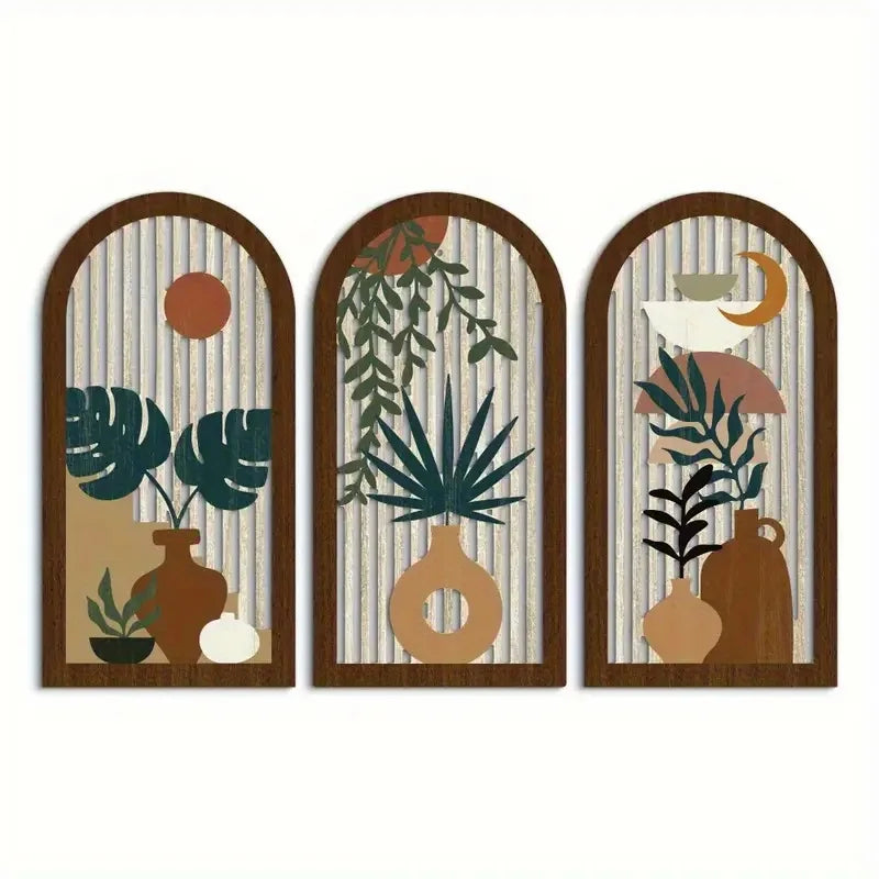 3pcs Wooden Wall Art Boho Modern Decor Hollow Crafted with Vases Plants & Banana Leaves for Home Office